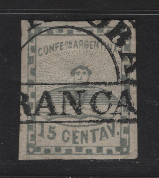 Lot 2 Argentina SC#3 15c Gray Blue Argentina Confederation, 1858 Argentina Confederation Issue, A Fine Used Single, Small Corner Crease at Lower Right Away From Design, Cancel Could Be Forged, But Looks Okay