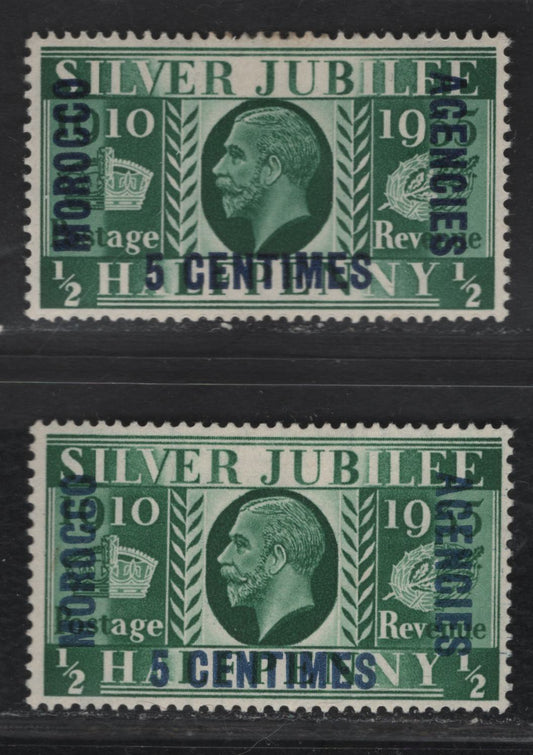 Lot 202 Morocco Agencies SC#422 & 422var 5c om 1/2d Green King George V, 1935 Silver Jubilee Issue, 2 VFOG Singles, Normal Dark Blue Surcharge With Much Lighter Blue One