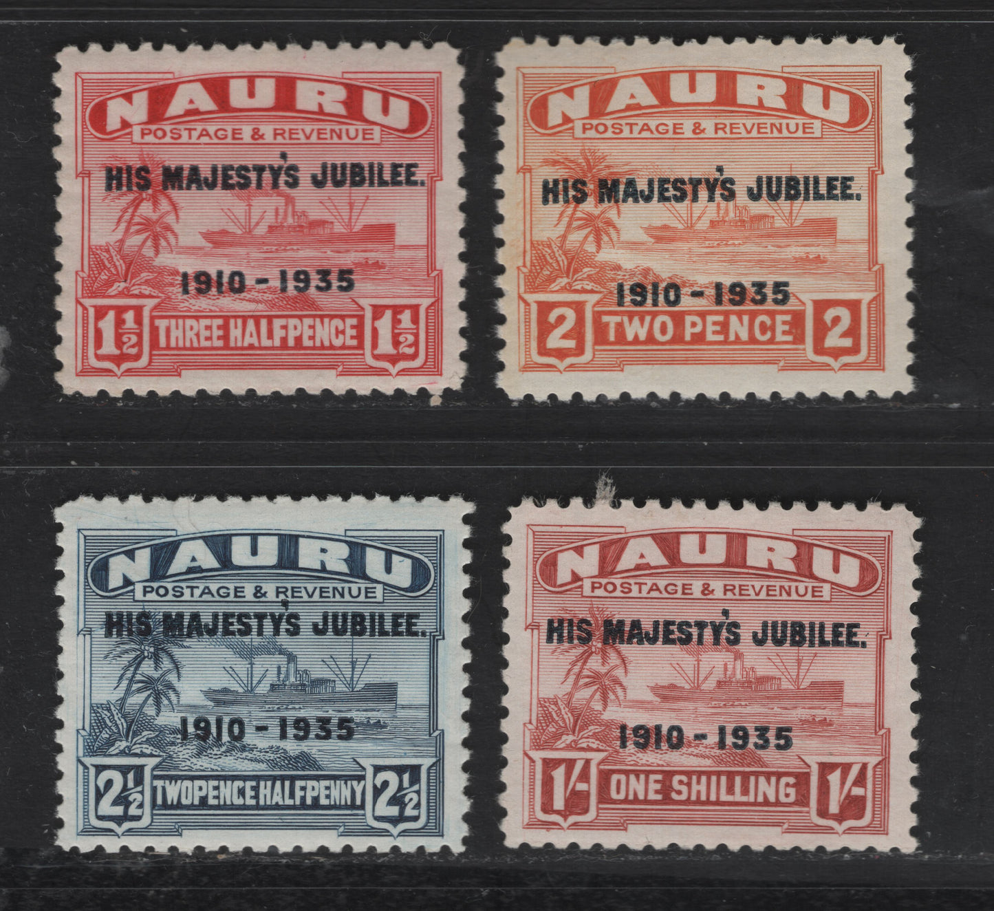 Lot 214 Nauru SC#31-34 1.5d - 1/- Red - Brown Red Steamship, 1935 Silver Jubilee Issue, 4 VFOG Singles