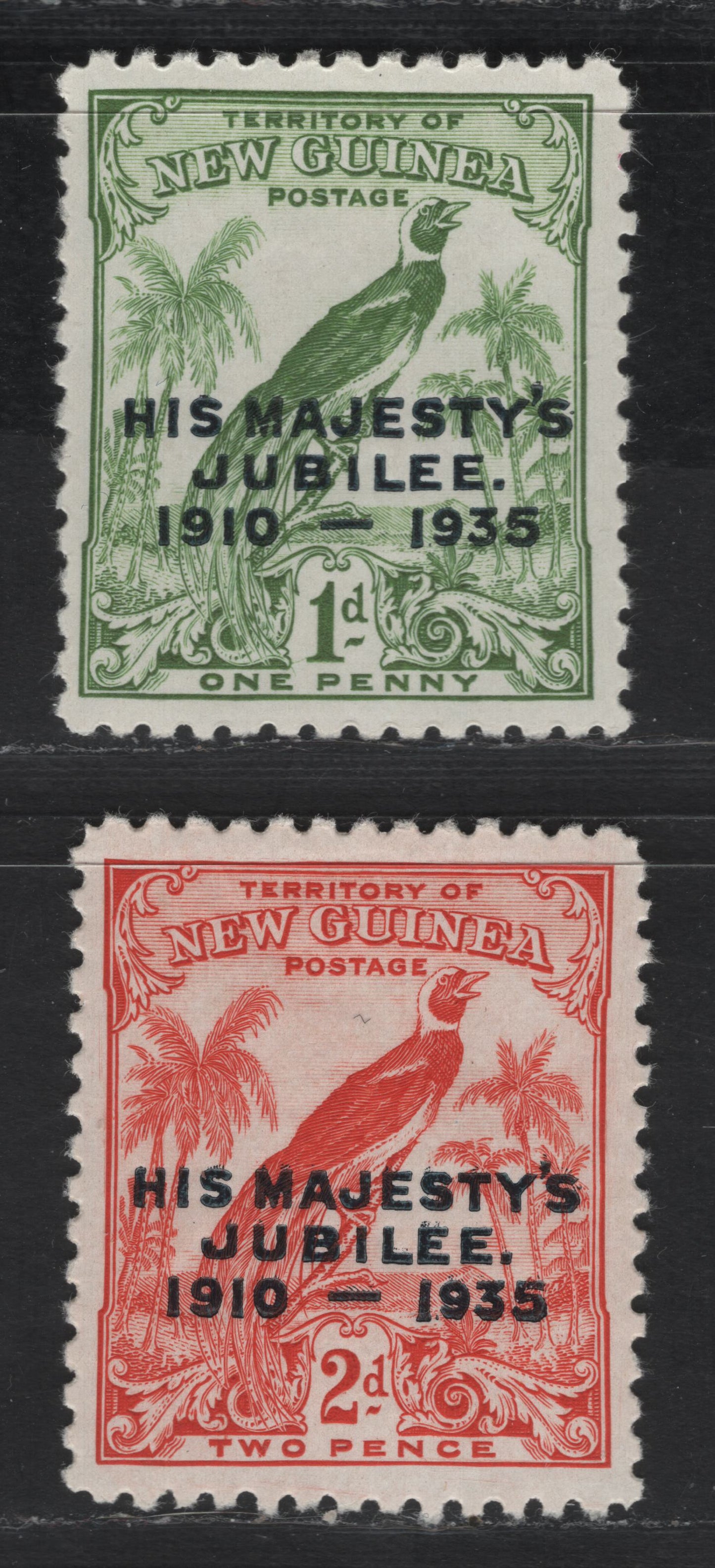 Lot 223 New Guinea SC#46-47 1d - 2d Green - Red Bird, 1935 Silver Jubilee Issue, 2 VFOG Singles