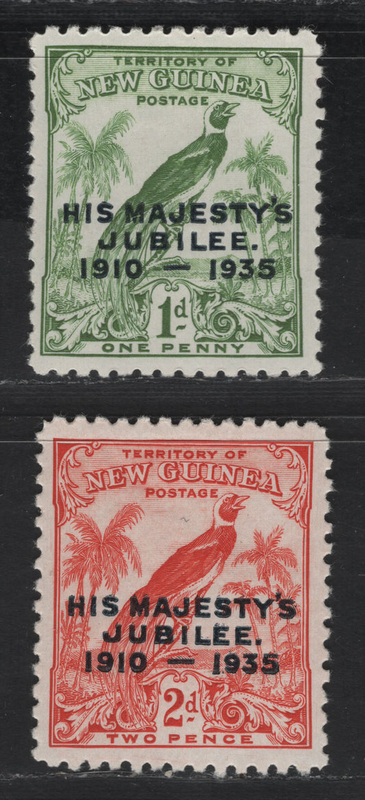 Lot 223 New Guinea SC#46-47 1d - 2d Green - Red Bird, 1935 Silver Jubilee Issue, 2 VFOG Singles
