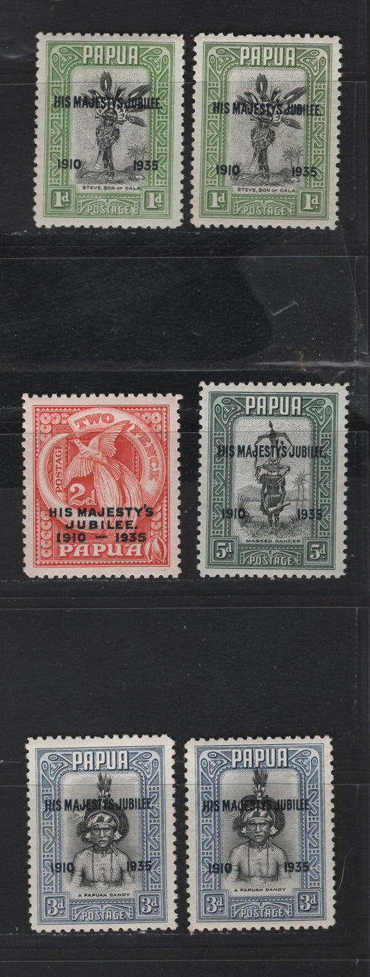 Lot 224 Papua SC#114-117 1d - 5d Yellow Green & Black - Greenish Slate & Black Warrior, 1935 Silver Jubilee Issue, 6 VFOG Singles, Additional Shades Of 1d & 3d