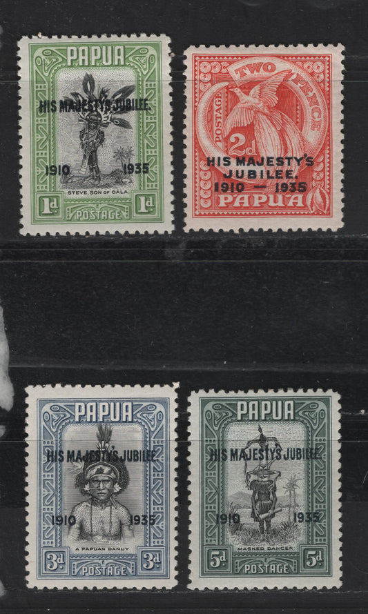 Lot 225 Papua SC#114-117 1d - 5d Yellow Green & Black - Greenish Slate & Black Warrior, 1935 Silver Jubilee Issue, 4 FOG Singles