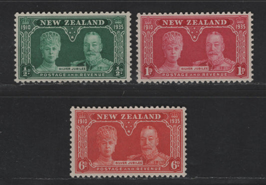Lot 231 New Zealand SC#199-201 1/2d - 6d Blue Green - Vermillion King George V & Queen Elizabeth, 1935 Silver Jubilee Issue, 3 VFOG Singles