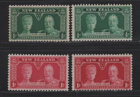 Lot 232 New Zealand SC#199-200 1/2d - 1d Blue Green - Carmine Rose King George V & Queen Elizabeth, 1935 Silver Jubilee Issue, 4 F/VFNH Singles