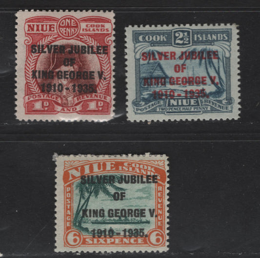 Lot 233 Niue SC#67-69 1d - 6d Carmine & Brown Red - Dull Orange & Green Captain Cook - Ship, 1935 Silver Jubilee Issue, 3 FNH Singles