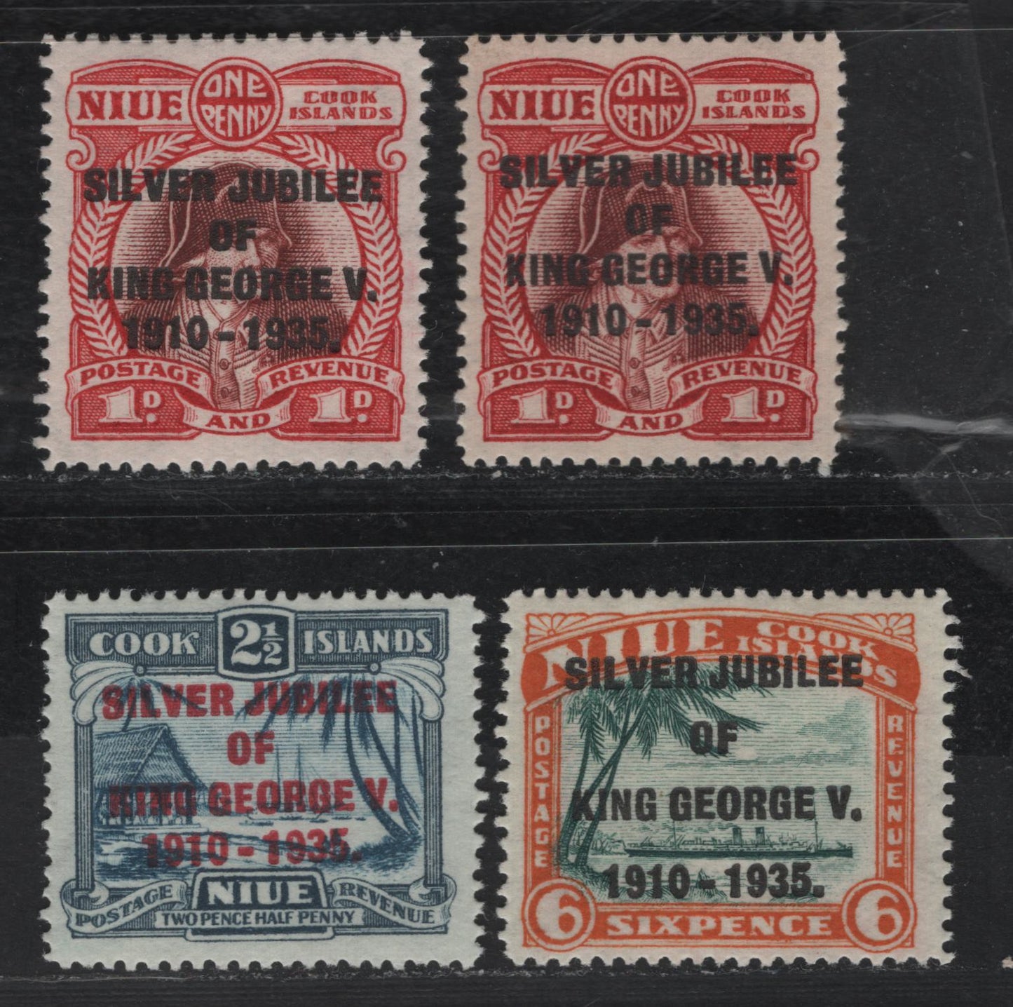 Lot 234 Niue SC#67-69 1d - 6d Carmine & Brown Red - Dull Orange & Green Captain Cook - Ship, 1935 Silver Jubilee Issue, 4 VFOG Singles, Two Shades Of 1d