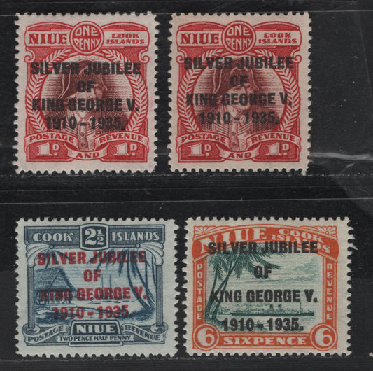 Lot 234 Niue SC#67-69 1d - 6d Carmine & Brown Red - Dull Orange & Green Captain Cook - Ship, 1935 Silver Jubilee Issue, 4 VFOG Singles, Two Shades Of 1d