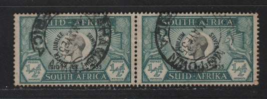 Lot 237 South Africa SC#68 1/2d Prussian Green & Black King George V, 1935 Silver Jubilee Issue, A Very Fine Used Pair, Postally Used
