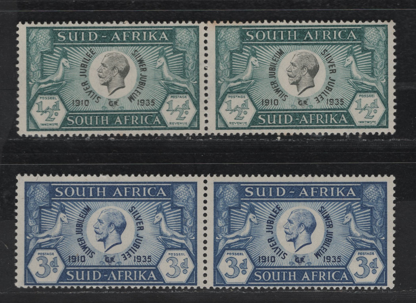 Lot 245 South Africa SC#68, 70 1/2d & 3d Prussian Green & Black - Blue & Dark Blue King George V, 1935 Silver Jubilee Issue, 2 F/VFNH Pairs