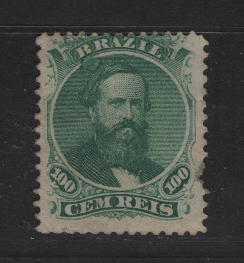 Lot 25 Brazil SC#58a 100r Blue Green Dom Pedro, 1866 Dom Pedro Issue, A GOG Single, Type 1, Large Printing Flaw Under 'B' of 'Brazil', Pulled Perf at Right