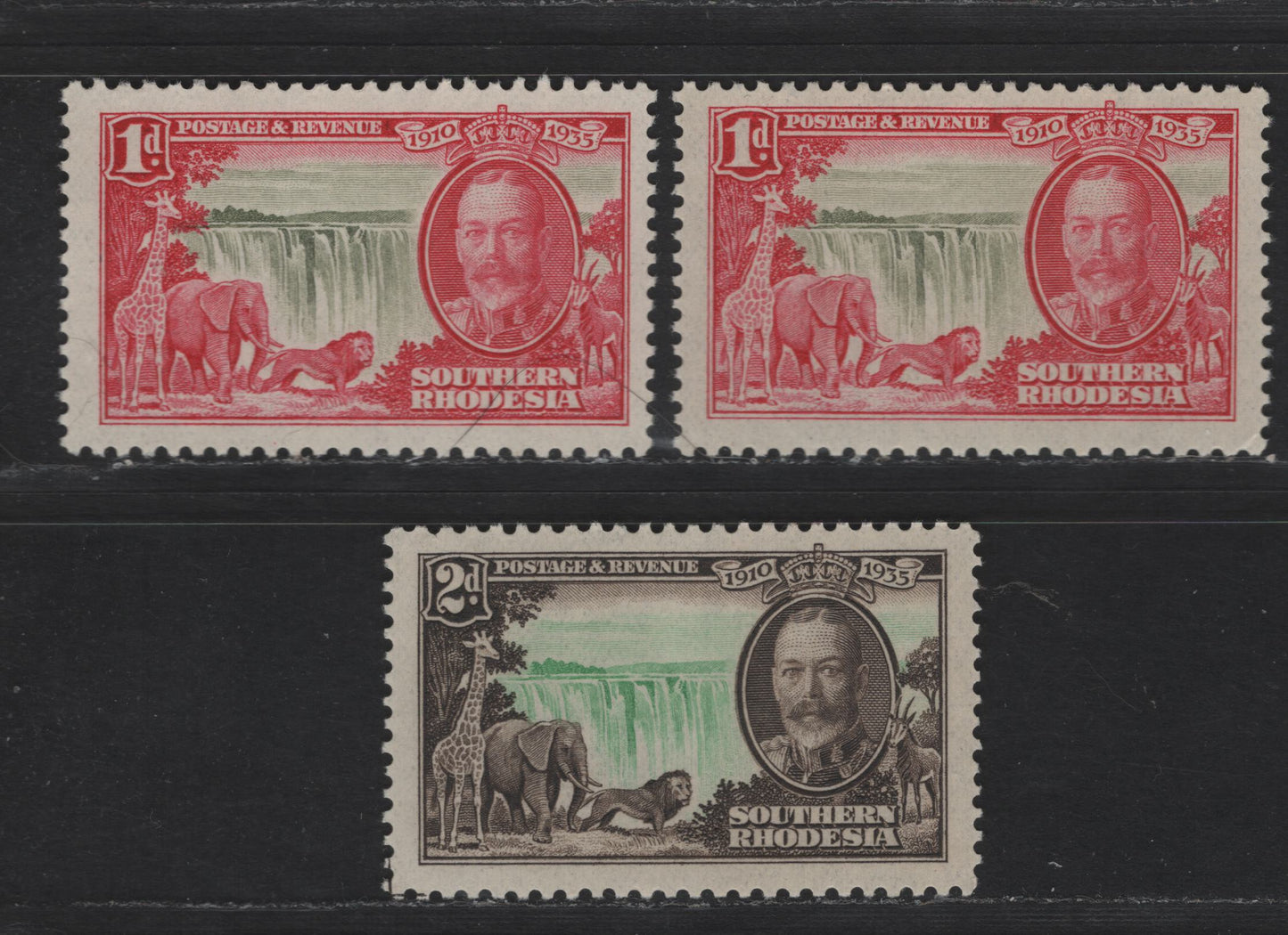 Lot 254 Southern Rhodesia SC#33-34 1d - 2d Carmine Rose & Olive - Black Brown & Light Green King George V, 1935 Silver Jubilee Issue, 3 F/VFNH Singles, Two Different Shades Of 1d