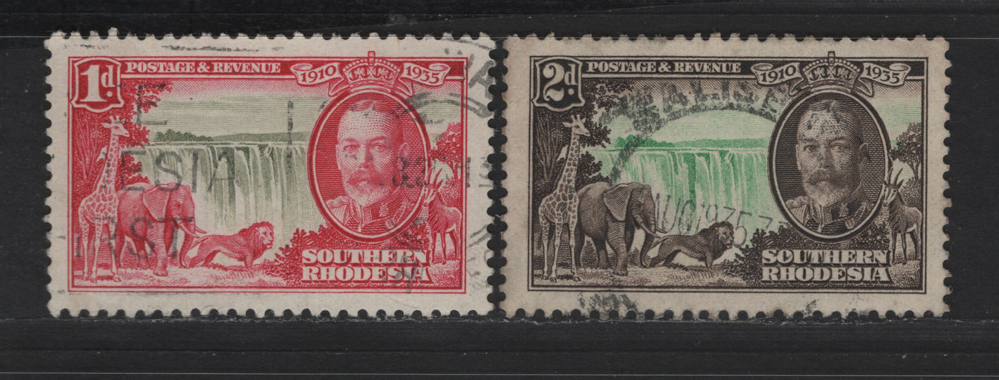 Lot 256 Southern Rhodesia SC#33-34 1d - 2d Carmine Rose & Olive - Black Brown & Light Green King George V, 1935 Silver Jubilee Issue, 2 Very Fine Used Singles