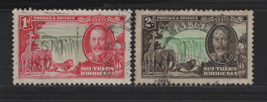 Lot 256 Southern Rhodesia SC#33-34 1d - 2d Carmine Rose & Olive - Black Brown & Light Green King George V, 1935 Silver Jubilee Issue, 2 Very Fine Used Singles