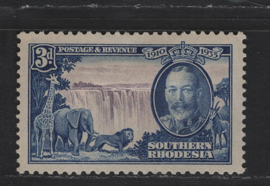 Lot 258 Southern Rhodesia SC#35var 3d Blue & Violet King George V, 1935 Silver Jubilee Issue, A VFOG Single