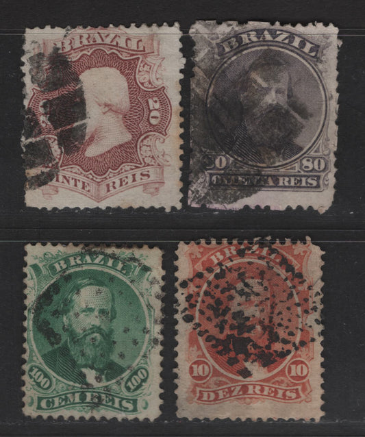Lot 26 Brazil SC#53-54, 57-58 10r - 100r Vermillion - Blue Green Dom Pedro, 1866 Dom Pedro Issue, 4 Good/Very Good/Fine Used Singles, Perforated 100r Is Type 1, Small Tear on 80r