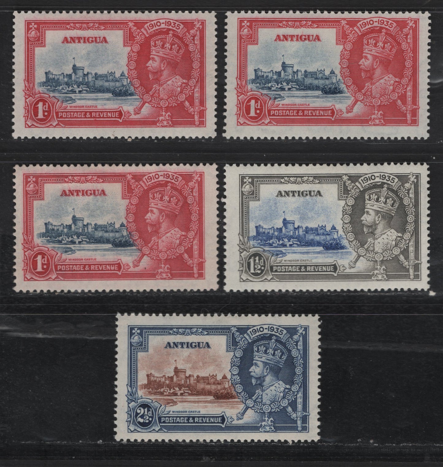 Lot 263 Antigua SC#77-79 1d - 2.5d Carmine & Blue - Blue & Brown King George V & Castle, 1935 Silver Jubilee Issue, 5 F/VFOG Singles, Three Different Shades Of Carmine & Carmine Red, As Well As Bue On The 1d