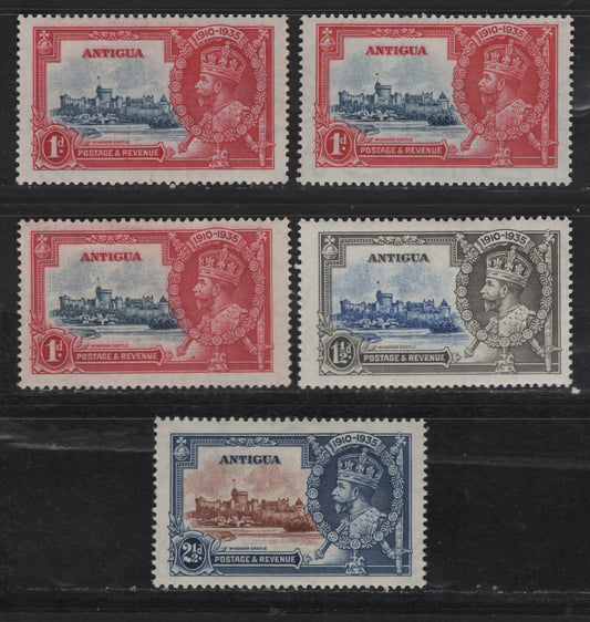 Lot 263 Antigua SC#77-79 1d - 2.5d Carmine & Blue - Blue & Brown King George V & Castle, 1935 Silver Jubilee Issue, 5 F/VFOG Singles, Three Different Shades Of Carmine & Carmine Red, As Well As Bue On The 1d