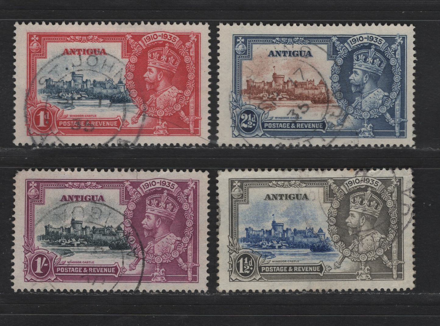 Lot 265 Antigua SC#77-80 1d - 1/- Carmine & Blue - Bright Violet & Indigo King George V & Castle, 1935 Silver Jubilee Issue, 4 Fine/Very Fine Used Singles, Postally Used Set