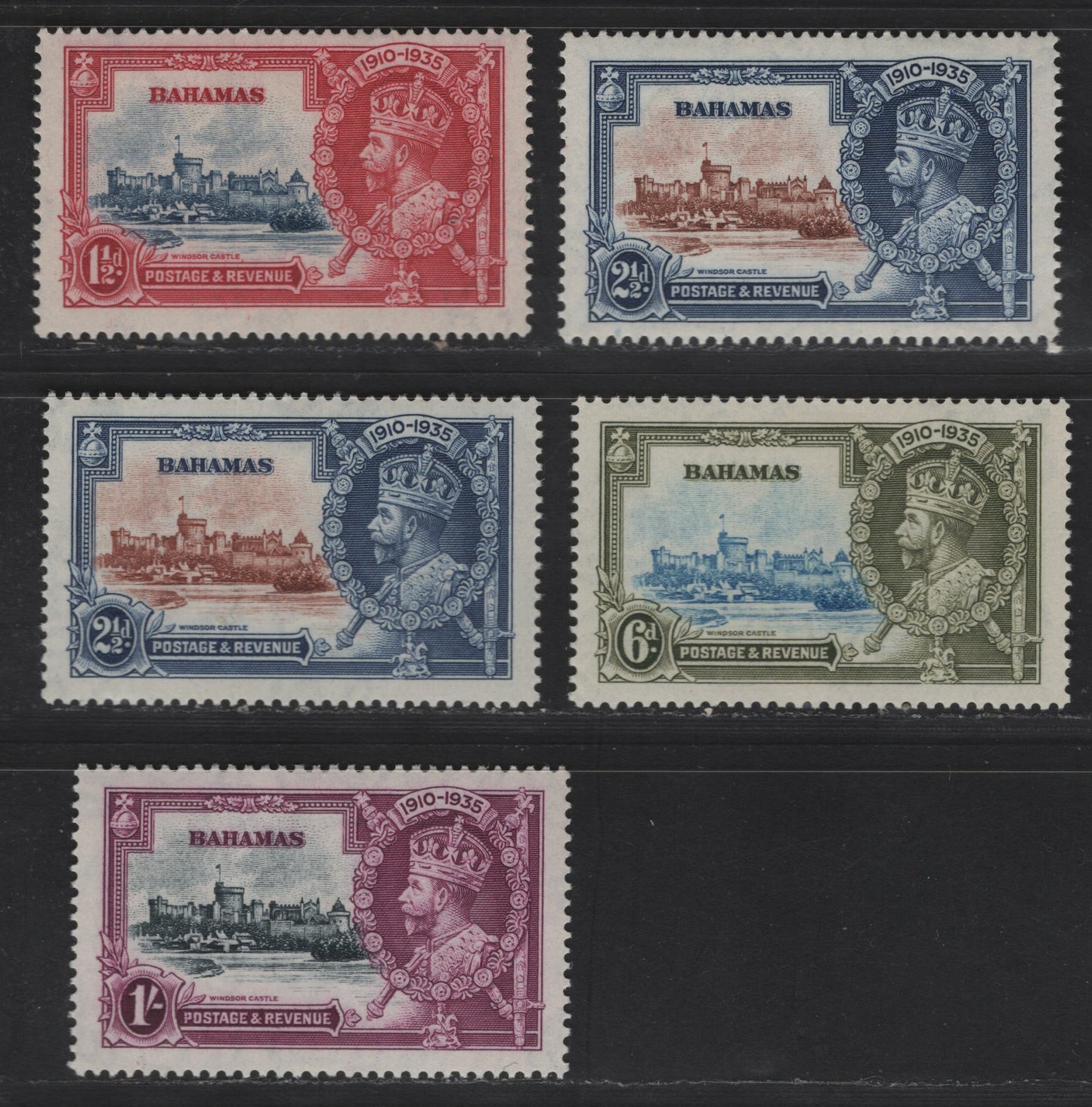 Lot 267 Bahamas SC#92-95 1.5d - 1/- Carmine & Blue - Bright Violet & Indigo King George V & Castle, 1935 Silver Jubilee Issue, 5 VFOG Singles, Includes Both Brown & Chestnut Shades Of 2.5d, One Of Which is NH