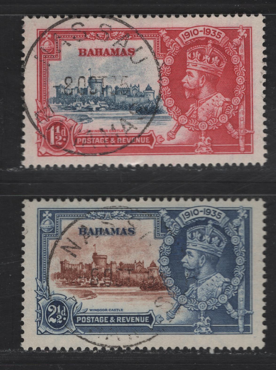 Lot 268 Bahamas SC#92-93 1.5d - 2.5d Carmine & Blue - Blue & Brown King George V & Castle, 1935 Silver Jubilee Issue, 2 Very Fine Used Singles, Nice SON Nassau CDS Cancels