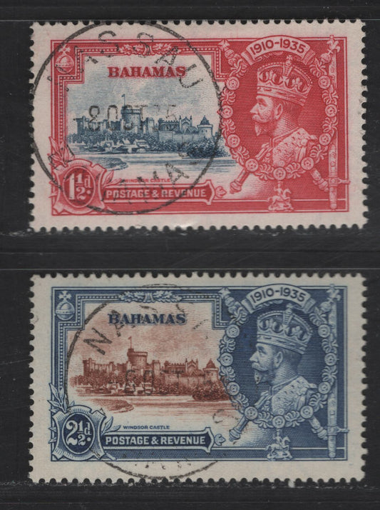 Lot 268 Bahamas SC#92-93 1.5d - 2.5d Carmine & Blue - Blue & Brown King George V & Castle, 1935 Silver Jubilee Issue, 2 Very Fine Used Singles, Nice SON Nassau CDS Cancels