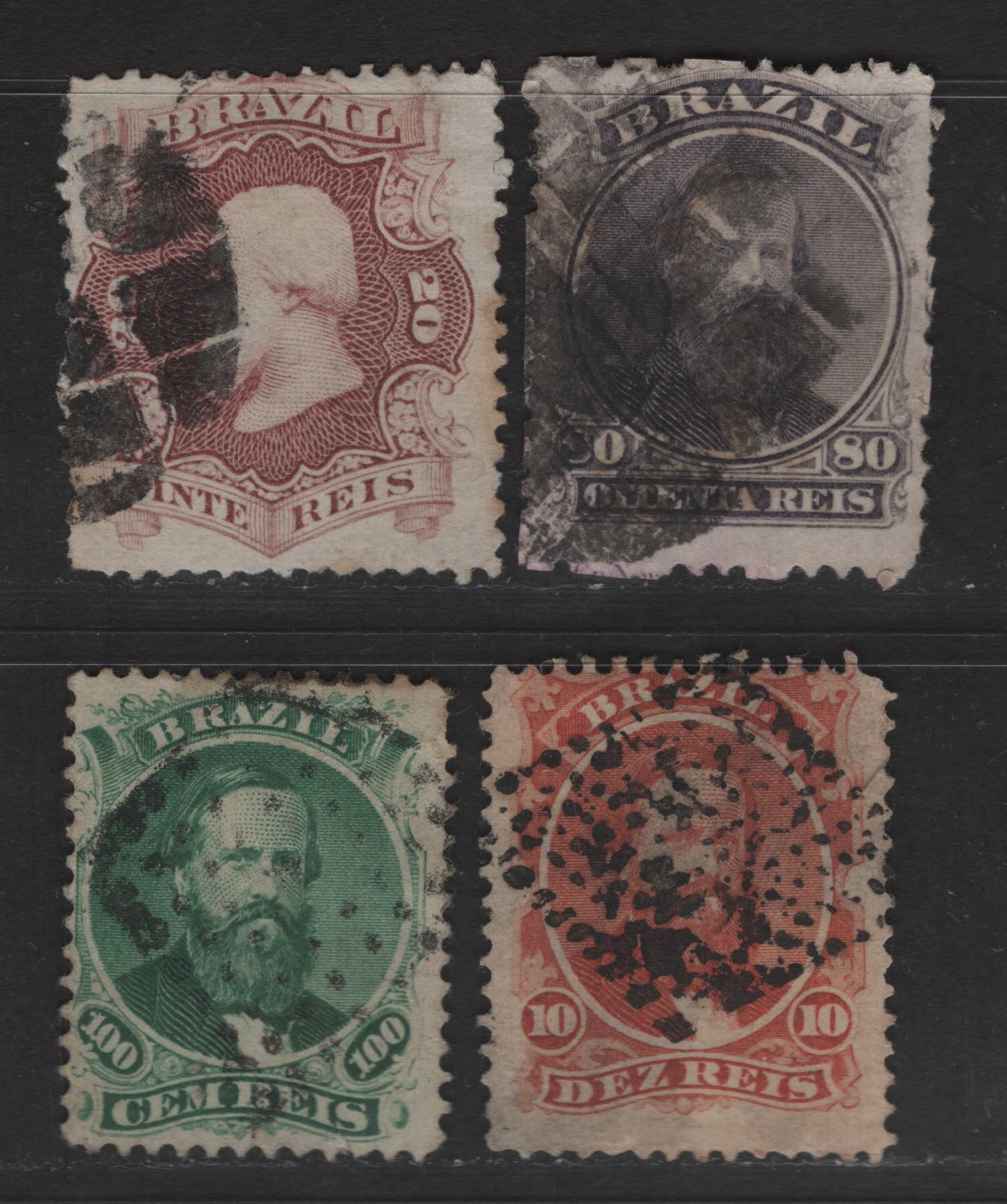 Lot 27 Brazil SC#63, 65-66 50r - 200r Blue - Black Dom Pedro, 1867-1877 Rouletted Dom Pedro Issue, 4 Fine/Very Fine Used Singles, Thin & Medium Paper On 100r