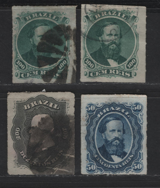 Lot 27 Brazil SC#63, 65-66 50r - 200r Blue - Black Dom Pedro, 1867-1877 Rouletted Dom Pedro Issue, 4 Fine/Very Fine Used Singles, Thin & Medium Paper On 100r