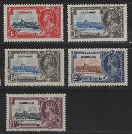 Lot 272 Barbados SC#186-189 1d - 1/- Carmine & Dark Blue - Brown Violet & Indigo King George V & Castle, 1935 Silver Jubilee Issue, 5 VFOG Singles, Two Similar Vignette Shades Of Ultramarine On The Vignette, One Bright Than The Other