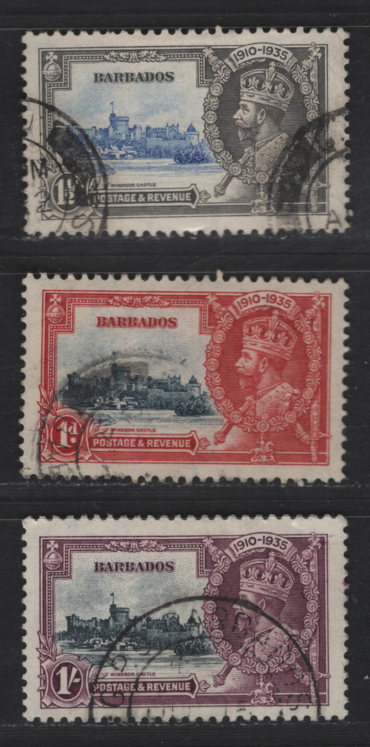 Lot 274 Barbados SC#186-187, 189 1d - 1/- Carmine & Dark Blue - Brown Violet & Indigo King George V & Castle, 1935 Silver Jubilee Issue, 3 Fine/Very Fine Used Singles, Tiny Margin Tear Above '1935', Scarce Used Nonetheless
