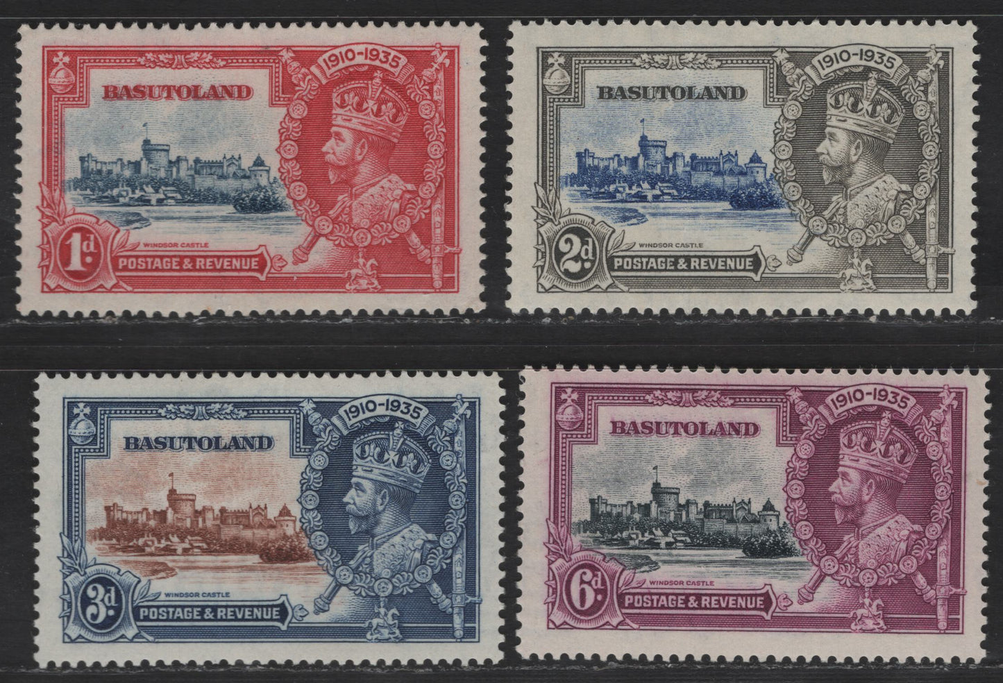 Lot 276 Basutoland SC#11-14 1d - 1/- Carmine & Blue - Bright Violet & Indigo King George V & Castle, 1935 Silver Jubilee Issue, 4 VFOG Singles