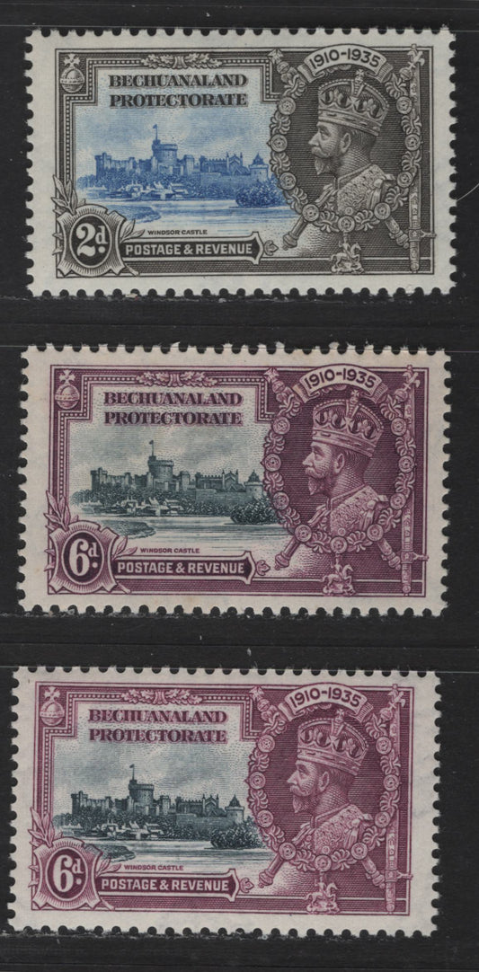 Lot 277 Bechuanaland Protectorate SC#118, 120 2d - 6d Deep Gray & Ultramarine - Reddish Purple & Deep Purple King George V & Castle, 1935 Silver Jubilee Issue, 3 F/VFNH Singles