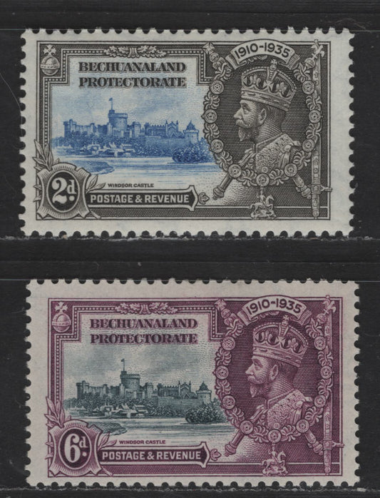 Lot 278 Bechuanaland Protectorate SC#118, 120 2d - 6d Deep Gray & Ultramarine - Violet & Indigo King George V & Castle, 1935 Silver Jubilee Issue, 2 FOG Singles