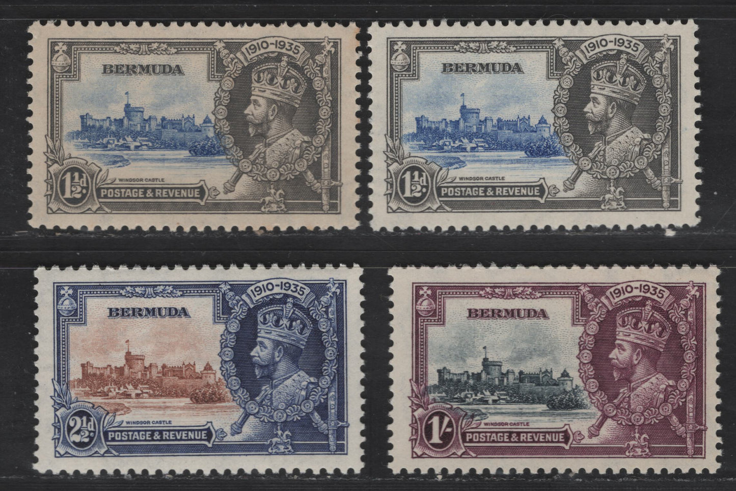 Lot 280 Bermuda SC#101-103 1.5d - 1/- Gray & Ultramarine - Deep Purple & Indigo King George V & Castle, 1935 Silver Jubilee Issue, 4 F/VFNH Singles, Two Similar Shades Of 1.5d