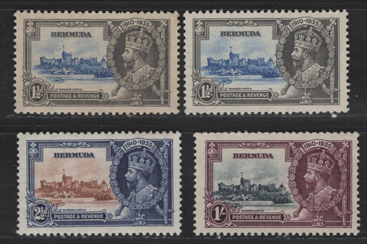 Lot 280 Bermuda SC#101-103 1.5d - 1/- Gray & Ultramarine - Deep Purple & Indigo King George V & Castle, 1935 Silver Jubilee Issue, 4 F/VFNH Singles, Two Similar Shades Of 1.5d