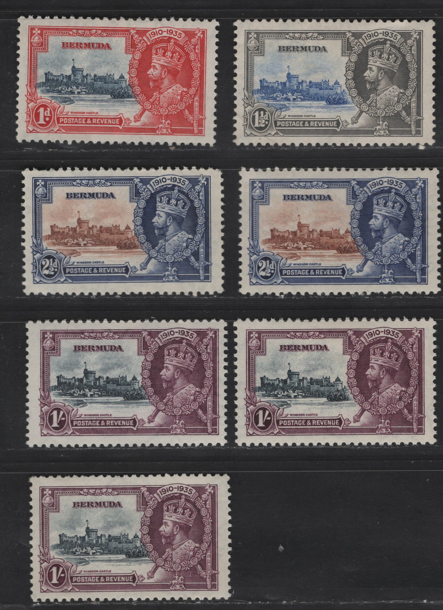 Lot 281 Bermuda SC#100-103 1d - 1/- Carmine Red & Dark Gray Blue - Deep Purple & Indigo King George V & Castle, 1935 Silver Jubilee Issue, 7 VFOG Singles, Different Shades Of 2.5d & 1/-