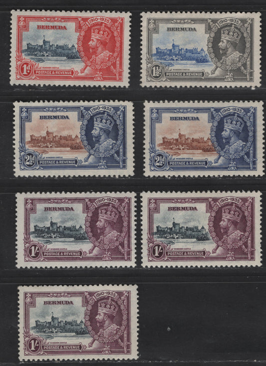 Lot 281 Bermuda SC#100-103 1d - 1/- Carmine Red & Dark Gray Blue - Deep Purple & Indigo King George V & Castle, 1935 Silver Jubilee Issue, 7 VFOG Singles, Different Shades Of 2.5d & 1/-