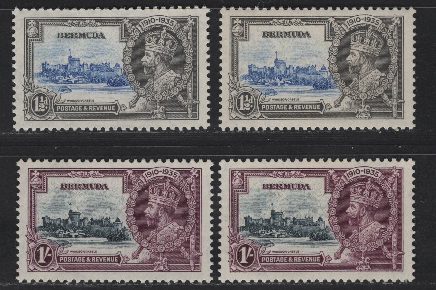 Lot 282 Bermuda SC#101, 103 1.5d - 1/- Gray & Ultramarine - Plum & Indigo King George V & Castle, 1935 Silver Jubilee Issue, 4 VFOG Singles, Two Shades Of Each Value, Same As Shades In Lot 281