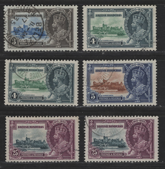 Lot 288 British Honduras SC#108-111 3c - 25c Agate & Ultramarine - 25c Plum & Indigo King George V & Castle, 1935 Silver Jubilee Issue, 6 Fine/Very Fine Used Singles, Two Different Shades Of The 4c & 25c