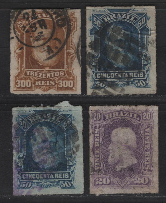 Lot 29 Brazil SC#69-70, 75 20r - 300r Violet - Bistre Dom Pedro, 1878-1879 Rouletted Older Dom Pedro Issue, 4 Fine Used Singles, Two Shades of 50r, Small Internal Wrinkle on Darker Blue