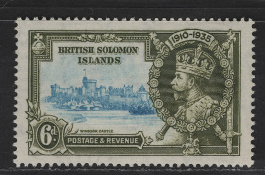 Lot 291 British Solomon Islands SG#55b (SC# 62var) 6d Olive Green & Light Blue King George V, 1935 Silver Jubilee Issue, A VFOG Single, Frame Printed Triple, Twice Albino, Showing Two Albino Impressions, Visible In The Top, Right & Bottom Margins