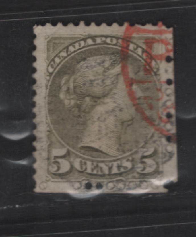 Lot 293 Canada SC#38 5c Light Slate Green Queen Victoria, 1870-1893 Small Queen Issue, A Very Good Used Single, Clearest Finest Impression I've Seen, MM-A Paper, Perf 12, No Plate Dot At LL, Perfs Scissor Separated On 2 Sides, But Fully Intact