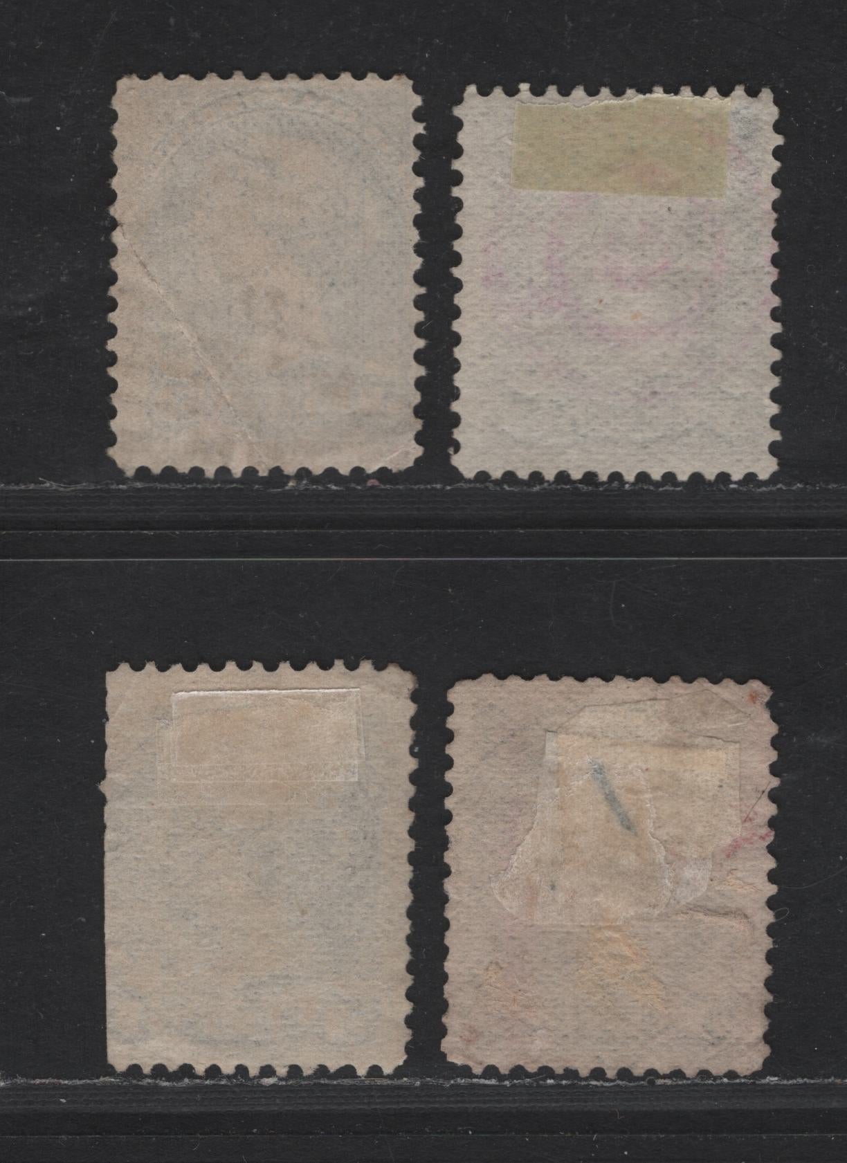 Lot 294 Canada SC#38, 38i 5c Slate Green & Deep Olive Green Queen Victoria, 1870-1893 Small Queen Issue, 4 Ungraded Used Singles, Reference Lot Of Mid-Montreal Printings, Plate Dots At LL, Pre-1880 Period, MM-D, MM-B & MM-I Papers, All With Faults