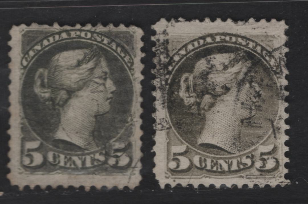 Lot 295 Canada SC#38-a 5c Slate Gren & Deep Olive Green Queen Victoria, 1870-1893 Small Queen Issue, 2 Fine Used Singles, Mid To Very Early Montreal Printings, MM-B & LM-A Papers, Perfs 12.255x12.1 & 11.75x12
