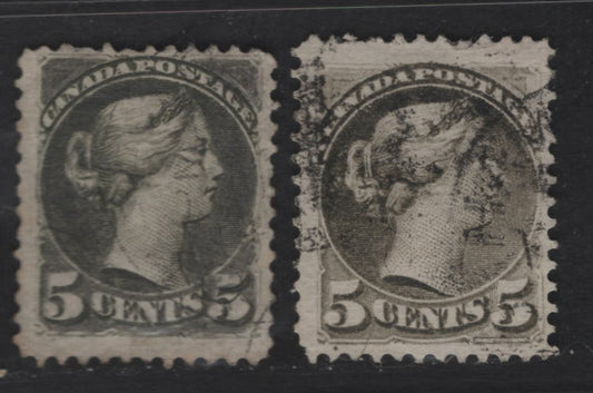 Lot 295 Canada SC#38-a 5c Slate Gren & Deep Olive Green Queen Victoria, 1870-1893 Small Queen Issue, 2 Fine Used Singles, Mid To Very Early Montreal Printings, MM-B & LM-A Papers, Perfs 12.255x12.1 & 11.75x12