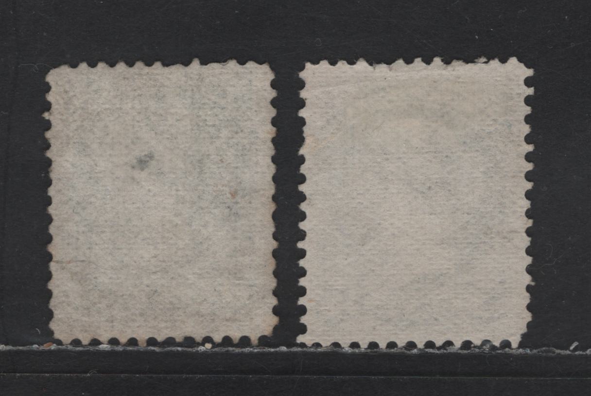 Lot 295 Canada SC#38-a 5c Slate Gren & Deep Olive Green Queen Victoria, 1870-1893 Small Queen Issue, 2 Fine Used Singles, Mid To Very Early Montreal Printings, MM-B & LM-A Papers, Perfs 12.255x12.1 & 11.75x12