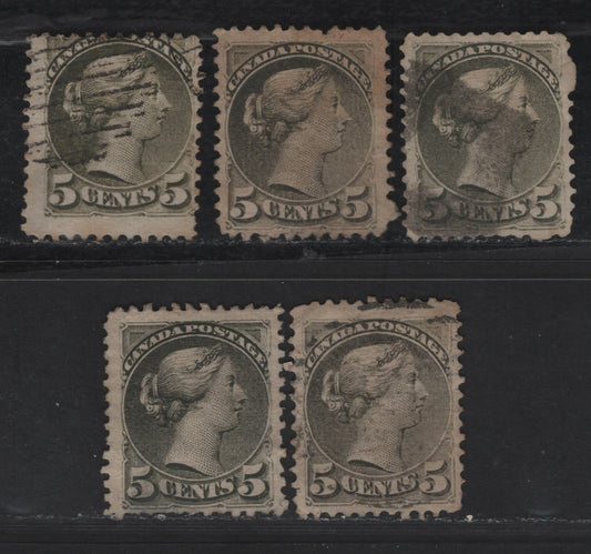 Lot 296 Canada SC#38a 5c Slate Green, Deep Olive Green & Deep Slate Green Queen Victoria, 1870-1893 Small Queen Issue, 5 Ungraded Used Singles, Reference Examples Of Mid Montreal Printings, MM-A, MM-B & MM-I Papers, Perf 11.75x12, All With Faults