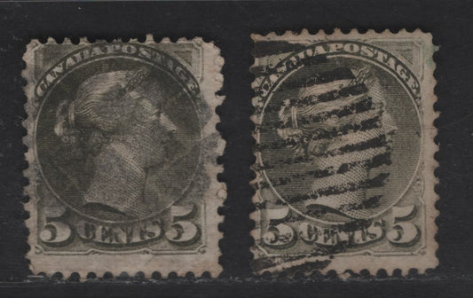 Lot 297 Canada SC#38 5c Slate Green Queen Victoria, 1870-1893 Small Queen Issue, 2 Ungraded Used Singles, Mid-Montreal Printings, MM-B & MM-D Papers, Without Plate Dots At LL, Small to Moderate Faults, Ideal For Reference