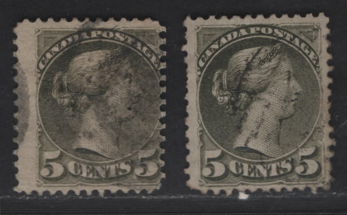 Lot 298 Canada SC#38-i 5c Slate Green Queen Victoria, 1870-1893 Small Queen Issue, 2 Very Good Used Singles, Late Montreal Printings, LM-F & LM-H Papers, Perf 12, No Plate & Medallion Dots