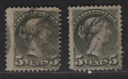 Lot 298 Canada SC#38-i 5c Slate Green Queen Victoria, 1870-1893 Small Queen Issue, 2 Very Good Used Singles, Late Montreal Printings, LM-F & LM-H Papers, Perf 12, No Plate & Medallion Dots